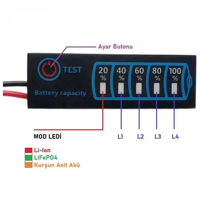 5-30V Lion / LiFePO4 / Kurşun Asit Led Seviye Göstergesi