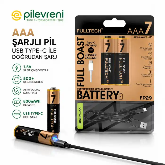 AAA Şarjlı Pil 2’li Set 800mWh 1.5V Type-C Şarjlı Lityum Pil Uzun Ömürlü Hızlı Şarj Edilebilir Pil