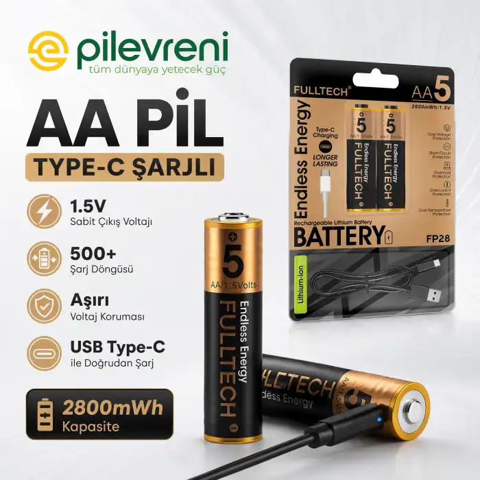 AA 2800mWh 1.5V Type-C Lion Şarj Edilebilir 2’li Paket Hızlı Şarjlı Kalem Pil