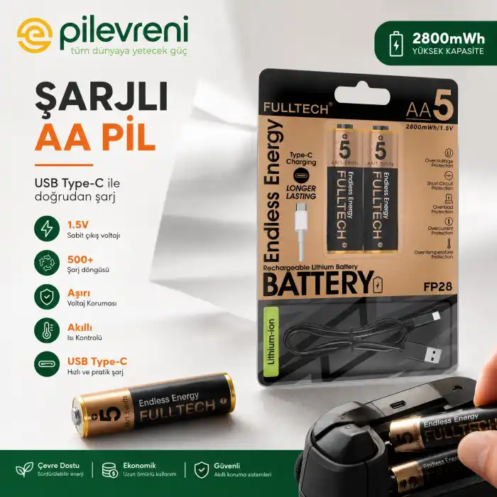 AA 2800mWh 1.5V Type-C Lion Şarj Edilebilir 2’li Paket Hızlı Şarjlı Kalem Pil