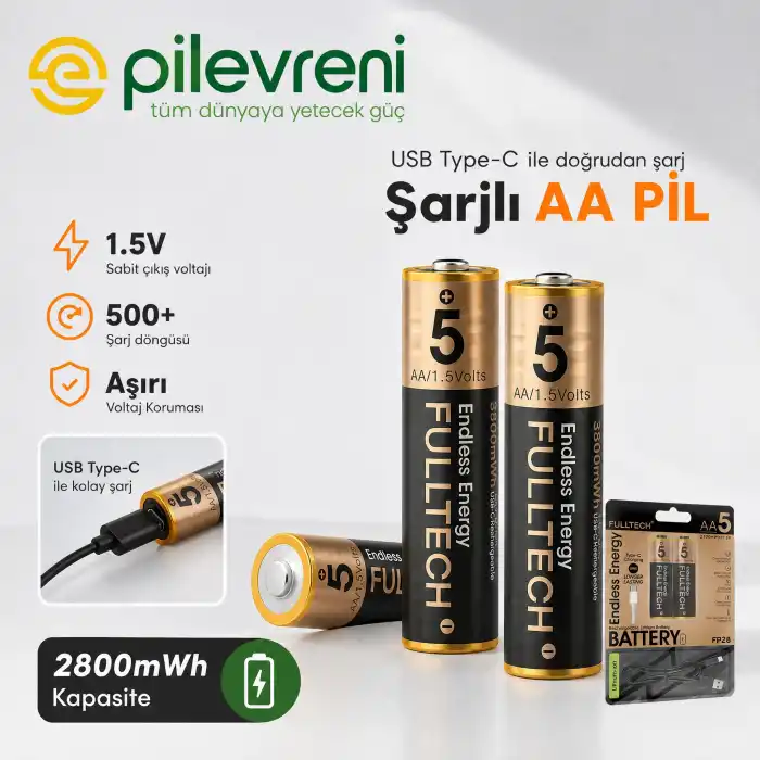 AA 2800mWh 1.5V Type-C Lion Şarj Edilebilir 2’li Paket Hızlı Şarjlı Kalem Pil