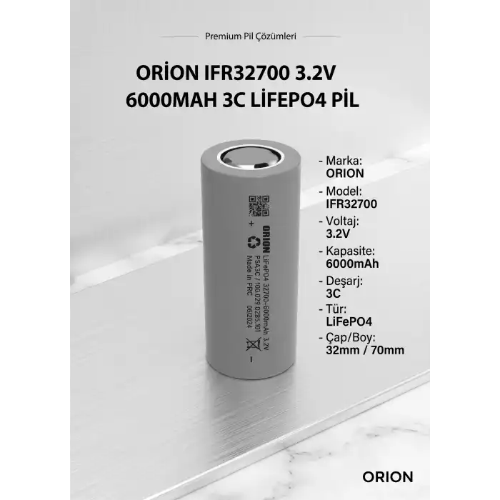 Orion 32700 3.2V 6000 mAh LiFePO4 Şarj Edilebilir Pil - IFR 3C Gri