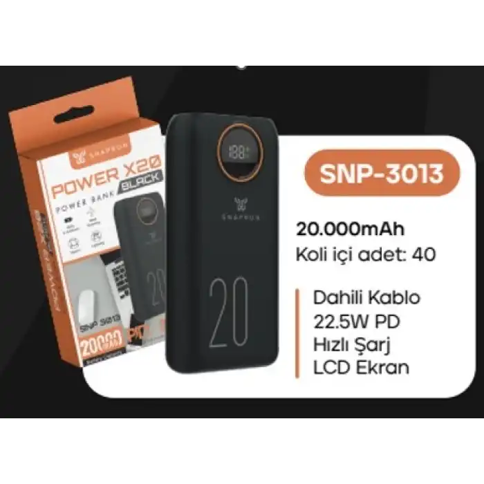 Snapron Snp-3013 Pd 22.5w Hızlı Şarj Lcdli Dahili Kablolu 20000 Mah Powerbank