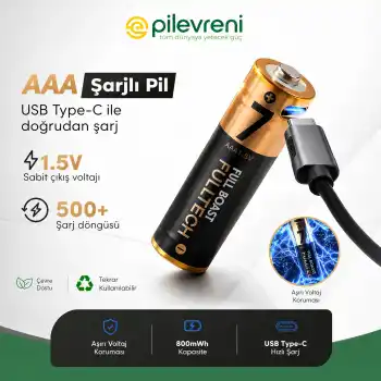 AAA Şarjlı Pil 2’li Set 800mWh 1.5V Type-C Şarjlı Lityum Pil Uzun Ömürlü Hızlı Şarj Edilebilir Pil