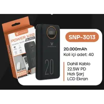 Snapron Snp-3013 Pd 22.5w Hızlı Şarj Lcdli Dahili Kablolu 20000 Mah Powerbank
