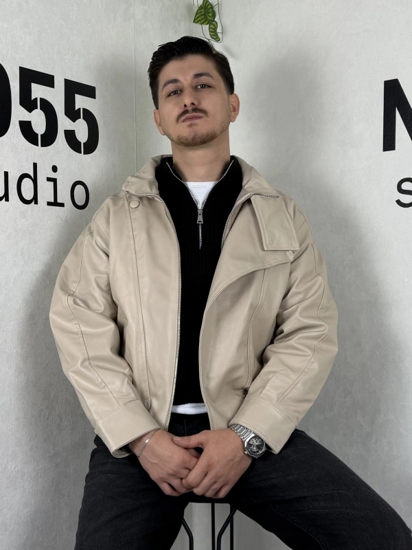 CKT0004-Oversize Deri Bomber Ceket-Krem