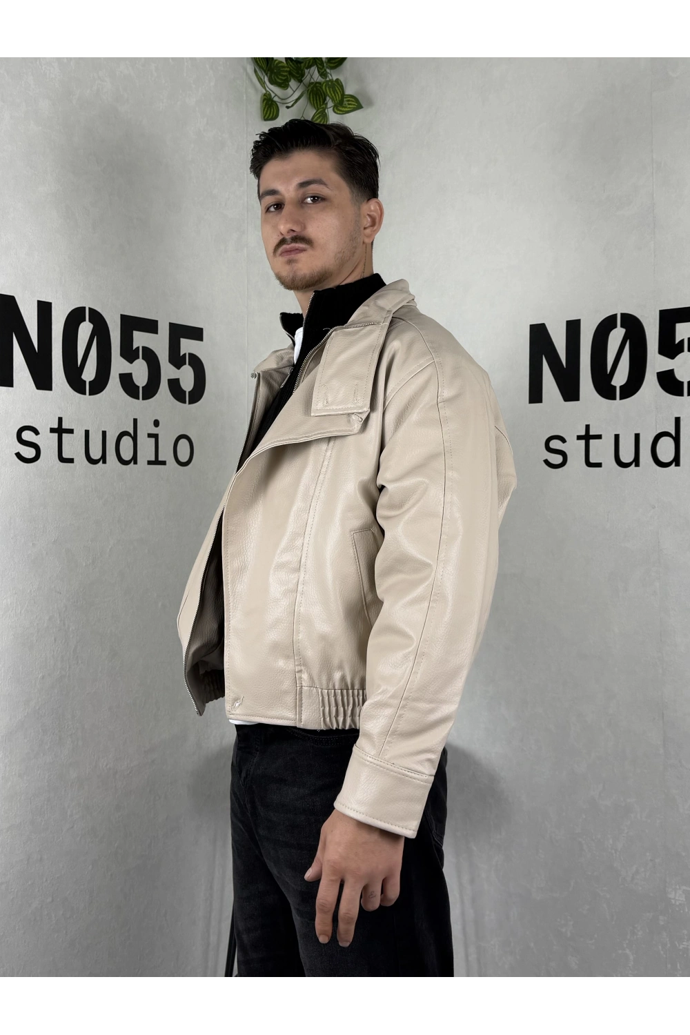 CKT0004-Oversize Deri Bomber Ceket-Krem