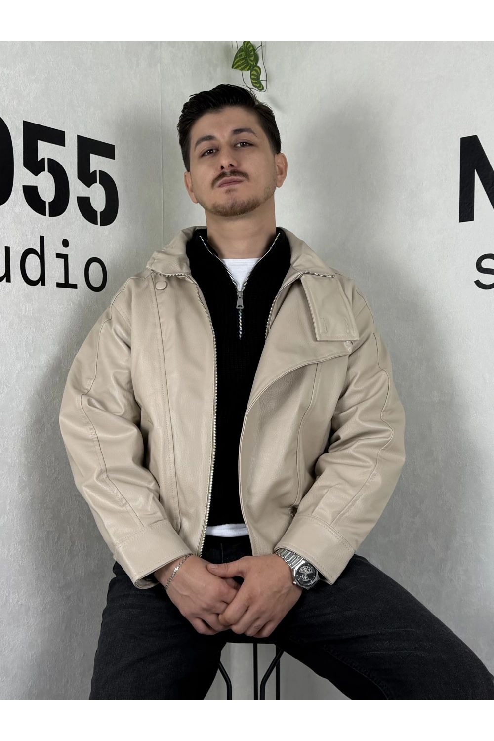 CKT0004-Oversize Deri Bomber Ceket-Krem