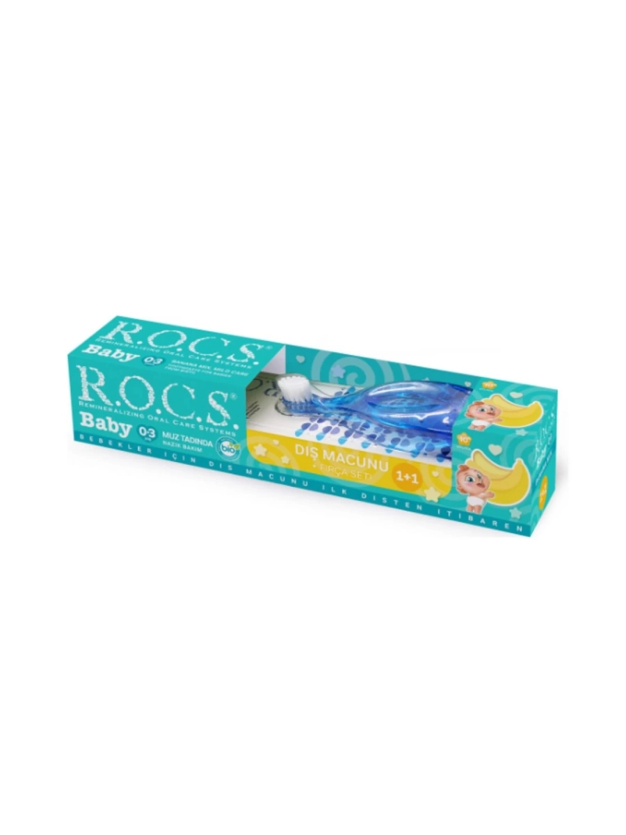 Rocs Baby 0-3 Yaş Muz Püresi Tadında Diş Macunu 45 gr + Diş Fırçası Seti Mavi