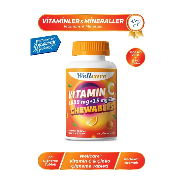 Wellcare Vitamin C 1000Mg + Çinko 15 mg 60 Çiğneme Tableti