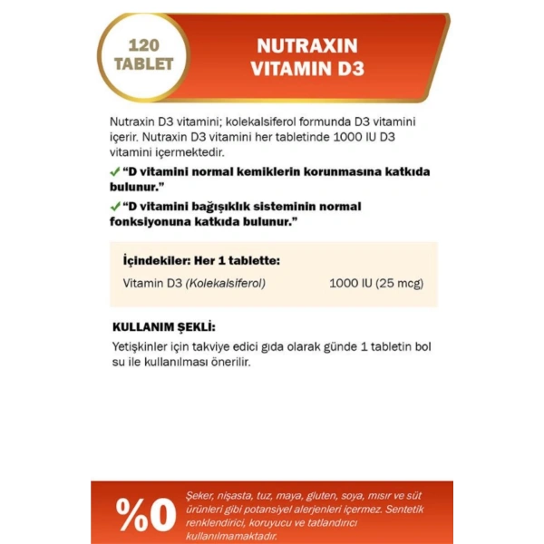 Nutraxin Vitals D3 Vitamin 1000 IU 25 mcg 120 Tablet Takviye Edici Gıda