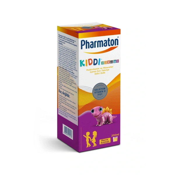 Pharmaton Kiddi Growth Kalsiyum Vitamin D İyot İçeren Takviye Edici Gıda Meyve Aromalı Şurup 200 ml