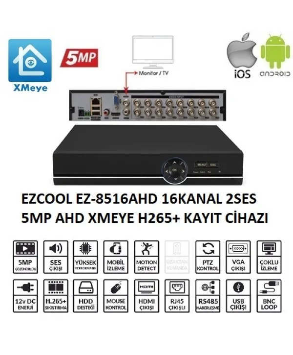 EZCOOL EZ-8516AHD 16 KANAL 5 MP 1HDD XMEYE KAYIT CİHAZI