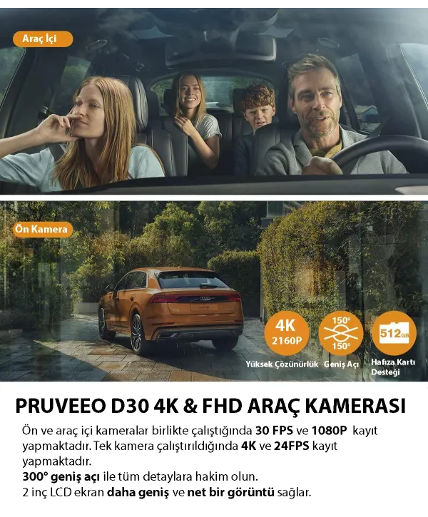 PRUVEEO D30 WI-FI 4K ARAC KAMERASI