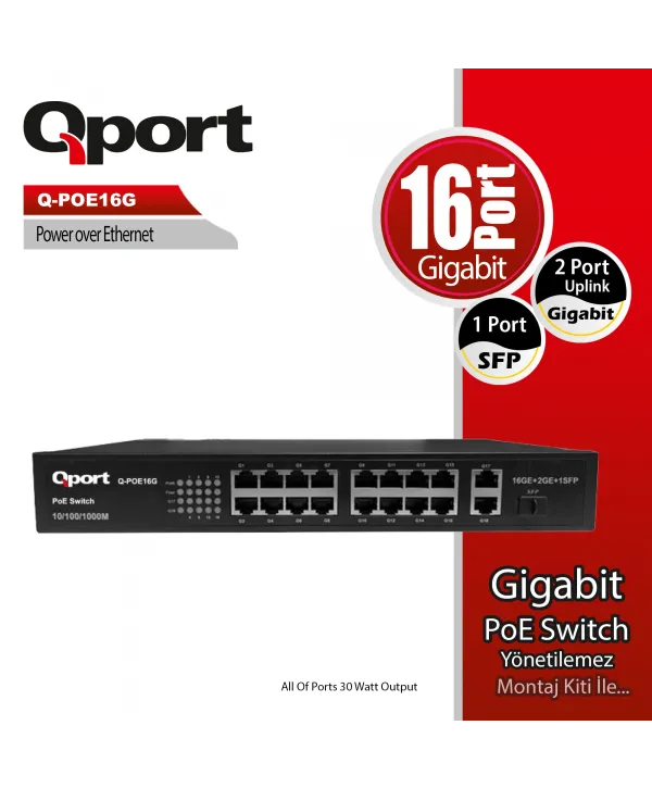 QPORT Q-POE16G 16 PORT GIGABIT + 2 PORT GIGABIT UPLINK POE SWITCH