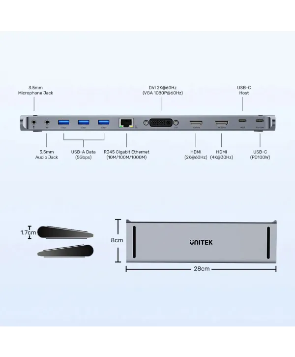 UNITEK UHUB11+ USB-C DISPLAYLINK 4K BAGLANTI ISTASYONU (D1147AGY01)