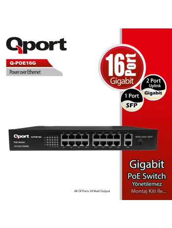 QPORT Q-POE16G 16 PORT GIGABIT + 2 PORT GIGABIT UPLINK POE SWITCH