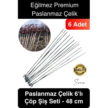 6 Adet Yüksek Kalite 48 cm Mangal Ciğer Kuşbaşı Kebap Şiş Paslanmaz Çelik Adana Urfa Izgara
