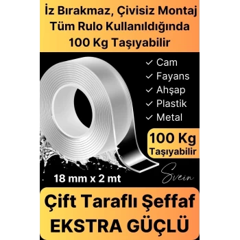 Ekstra Güçlü Çift Taraflı Bant İz Bırakmaz Şeffaf Çok Amaçlı Tamir Silikon Montaj Bandı 18mm X 2mt
