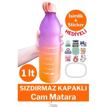 Premium Sızdırmaz Motivasyonel Sporcu Cam Renkli Su Matarası 1 Litre Suluk Tritan Bpa İçermez 1 Adet