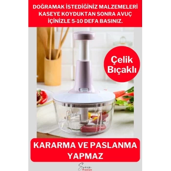 Pratik Taşınabilir Basmalı El Rondo Soğan Sebze Meyve Doğrayıcı Paslanmaz Çelik Bıçaklı El Robotu