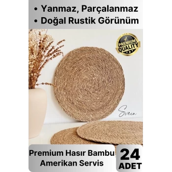 24lü Premium Yuvarlak Hasır Bambu Amerikan Servis Örme Supla Sofra Yemek Masası Yanmaz Tabak Altlığı