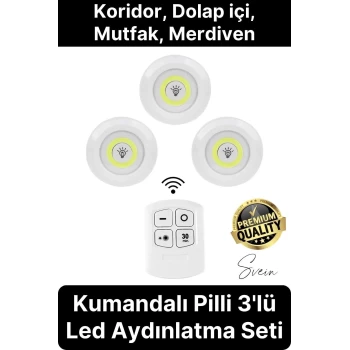 Kablosuz Uzaktan Kumandalı Beyaz 3lü Led Okuma Işık Gece Lambası Mutfak Dolap Koridor Pilli Dolapiçi