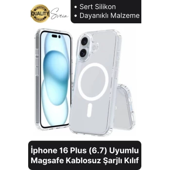 Premium Apple İphone 16 Plus 6.7 inç Uyumlu Kablosuz Şarj Destekli Sert Silikon Şeffaf Kılıf Magsafe