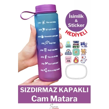 Premium Motivasyon 1. Kalite Sızdırmaz Renkli Yazılı Sporcu Cam Matara Kapaklı Su Şişesi Bpa İçermez