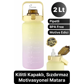 Premium 2 Lt Pipetli Kilitli Sızdırmaz Kapaklı Tutma Saplı Motivasyon Suluk Matara Sporcu Su Şişesi