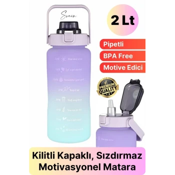 Premium 2 Lt Pipetli Kilitli Sızdırmaz Kapaklı Tutma Saplı Motivasyon Suluk Matara Sporcu Su Şişesi
