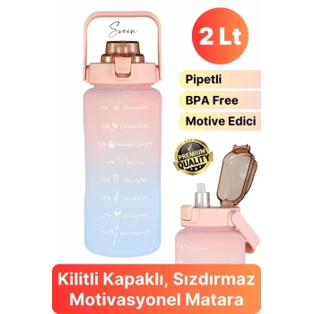 Premium 2 Lt Pipetli Kilitli Sızdırmaz Kapaklı Tutma Saplı Motivasyon Suluk Matara Sporcu Su Şişesi