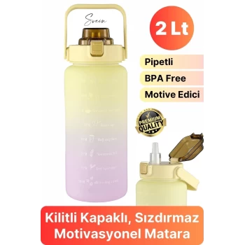 Premium 2 Lt Pipetli Kilitli Sızdırmaz Kapaklı Tutma Saplı Motivasyon Suluk Matara Sporcu Su Şişesi