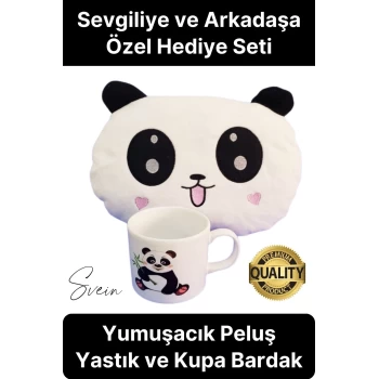 14 Şubat Yumuşacık Sevimli Peluş Panda Yastık ve Kupa Bardak Sevgililer Günü Hediye Seti Arkadaşa