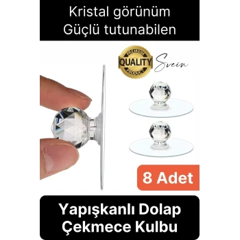 8 Adet Dekoratif Güçlü Tutunabilen Yapışkanlı Kristal Kapak Çekmece Dolap Kulp Seti Tutacak Kulbu