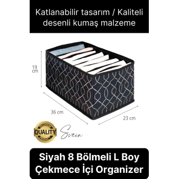Çok Amaçlı Siyah 8 Gözlü Çekmece Dolap İçi Düzenleyici Organizer Büyük Large Boy Tshirt El Havlusu
