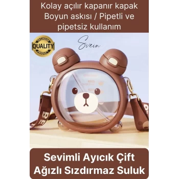Sevimli Ayıcıklı Çocuk Suluğu Çift Kapaklı Pipetli Boyun Askılı Su Matarası Şişesi Kahve Sticker