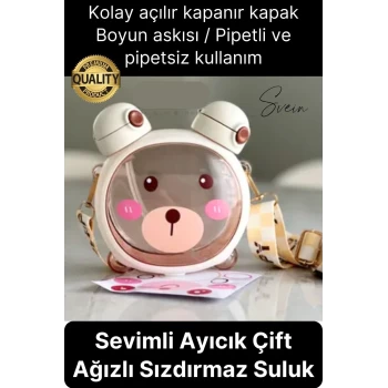 Sevimli Ayıcıklı Çocuk Suluğu Çift Kapaklı Pipetli Boyun Askılı Su Matarası Şişesi Beyaz Sticker