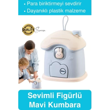 Sevimli Mavi Tavşan Figürlü Kilitli Çocuk Kumbara Bozuk Kağıt Para Saklama Kutusu Tasarruf