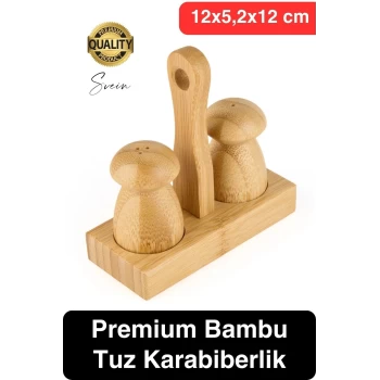 Özel Tasarım Standlı Bambu Tuzluk Karabiberlik 2li Mantar Set Baharatlık Biberlik Antibakteriyel