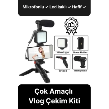 Ayarlanabilir Mikrofonlu Ses Kayıt Led Işıklı Çekim Selfie Çubuğu Canlı Yayın Tripod Vlog Çekim Kiti