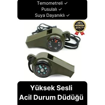 Çok Fonksiyonlu Yüksek Sesli Pusulalı Termometreli Suya Dayanıklı Kamp Deprem Acil Durum Düdüğü