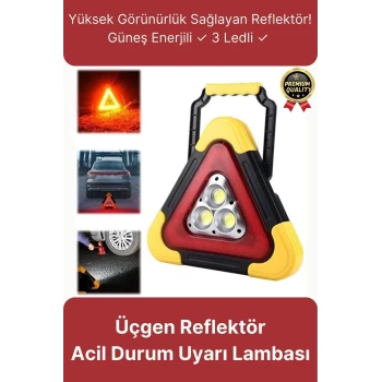 Premium Güneş Enerjili Güçlü Işık 3 Ledli Solar Üçgen Refluj Reflektör Acil Durum Uyarı Lambası