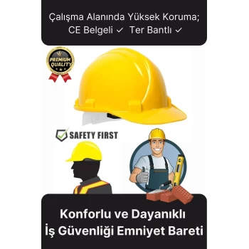 Premium Dayanıklı Konforlu CE Belgeli Ter Bantlı Şantiye İnşaat İş Güvenliği Sarı Emniyet Bareti