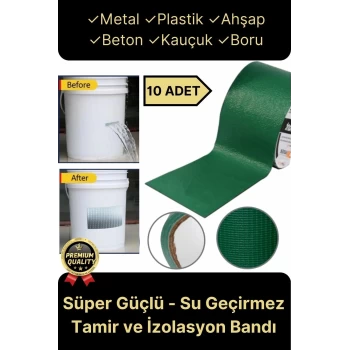 Premium Dayanıklı Süper Güçlü Su Geçirmez Sızdırmaz Yeşil Tamir ve İzolasyon Bandı 48mm x 10m-10Adet