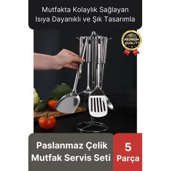 Çok Amaçlı Paslanmaz Çelik Isıya Dayanıklı Saplı Spatula Kepçe 5 Parça Standlı Mutfak Servis Seti