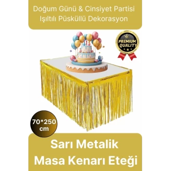 Premium Dekorasyon Püsküllü Işıltılı Doğum Günü Cinsiyet Partisi Sarı Masa Kenarı Eteği 70*250cm