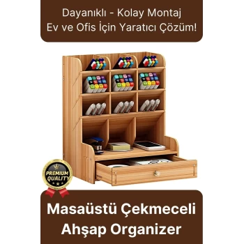 Premium Demonte Ev Ofis Masaüstü Çapraz 9 Bölmeli Kalemlik Çekmeceli Ahşap Organizer Düzenleyici