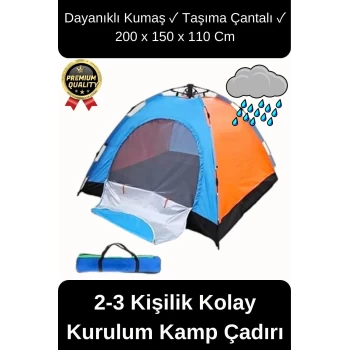 Ultra Dayanıklı Kolay Kurulum Taşıma Çantalı Su Geçirmez Sineklikli Tüllü 2-3 Kişilik Kamp Çadırı