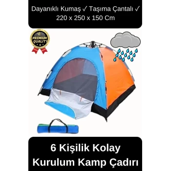 Ultra Dayanıklı Kolay Kurulum Taşıma Çantalı Su Geçirmez Sineklikli Tüllü 6 Kişilik Kamp Çadırı